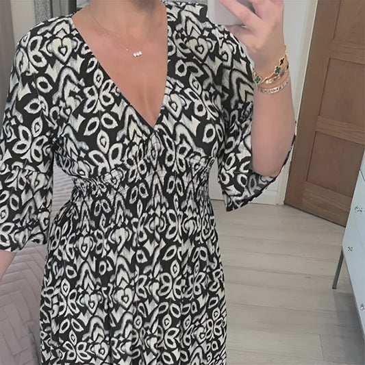 Jorina™ | Den Eleganta Blommiga Klänningen med V-ringnin